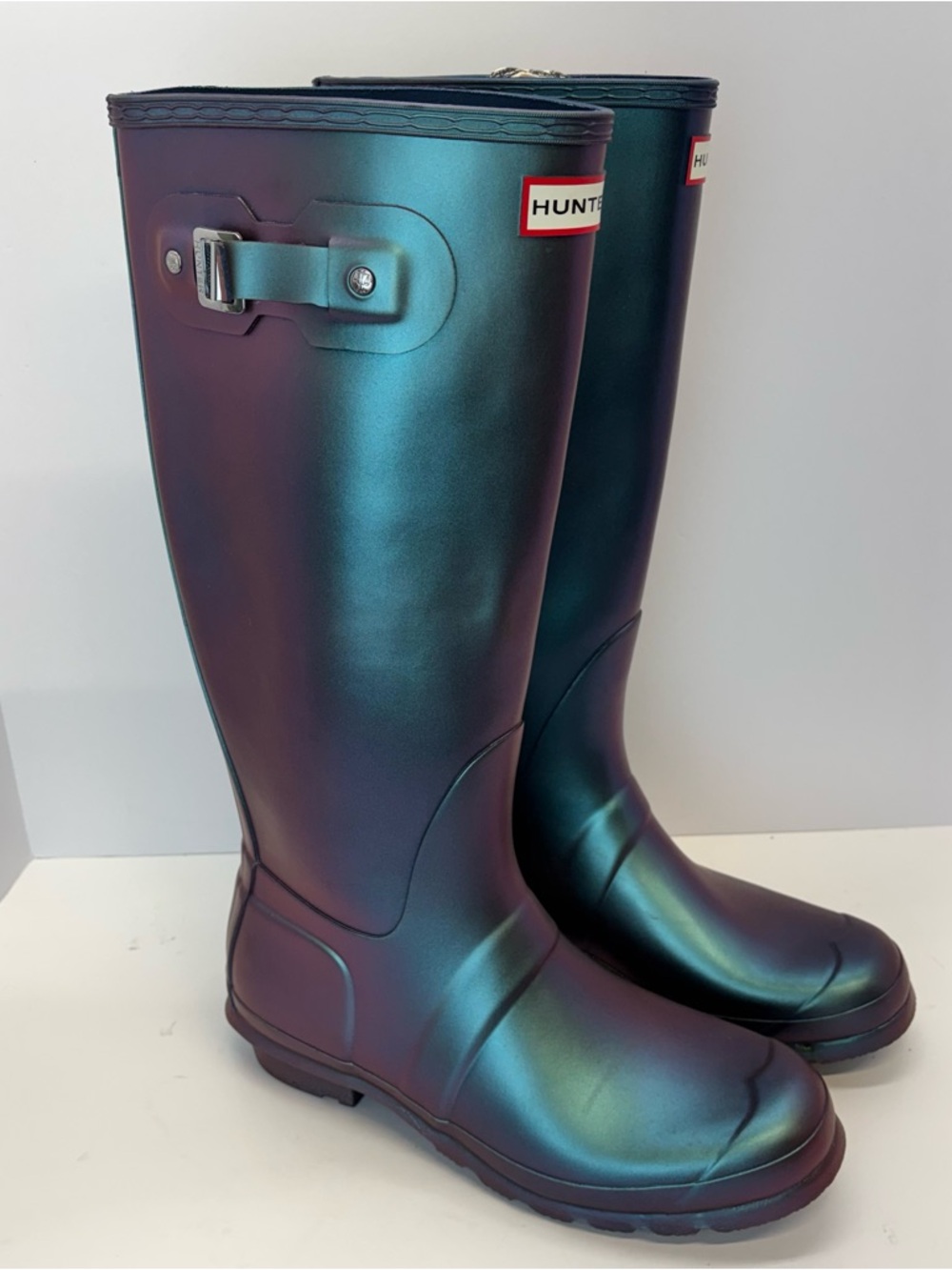Hunter Nebula Rain Boots Size 10 Features Two Tone Blue Iridescent Finish Spring - Picture 2 of 9